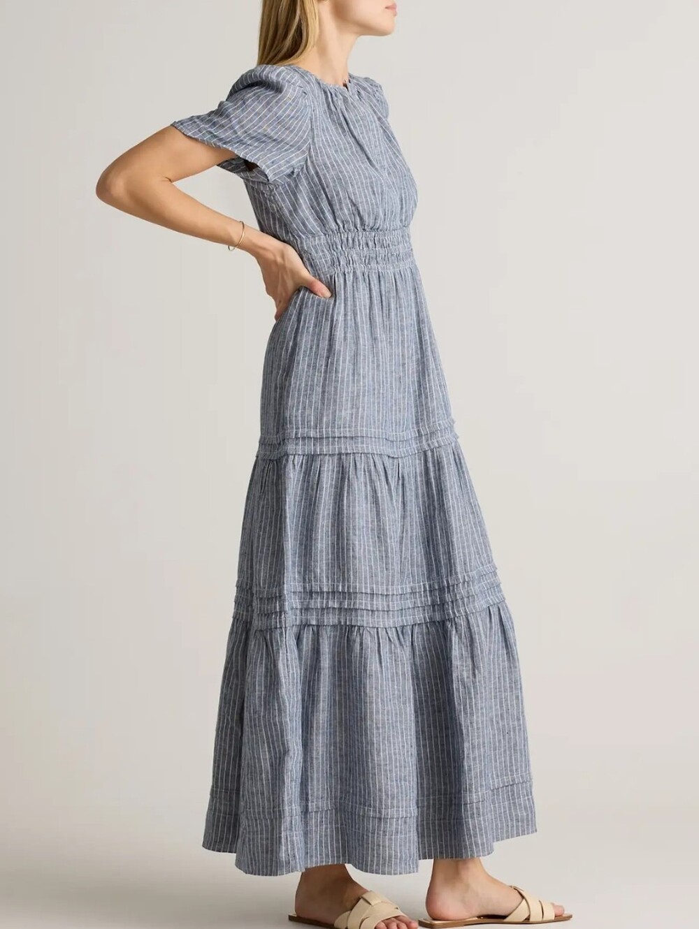 Quince Linen Tiered Maxi Dress In Chambray Stripe Sime M - Picture 3 of 11